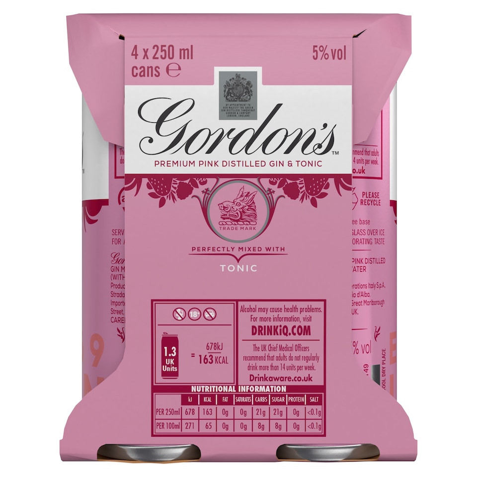 image 1 of Gordon's Premium Pink Gin & Tonic Can 5% Vol 4x250ml