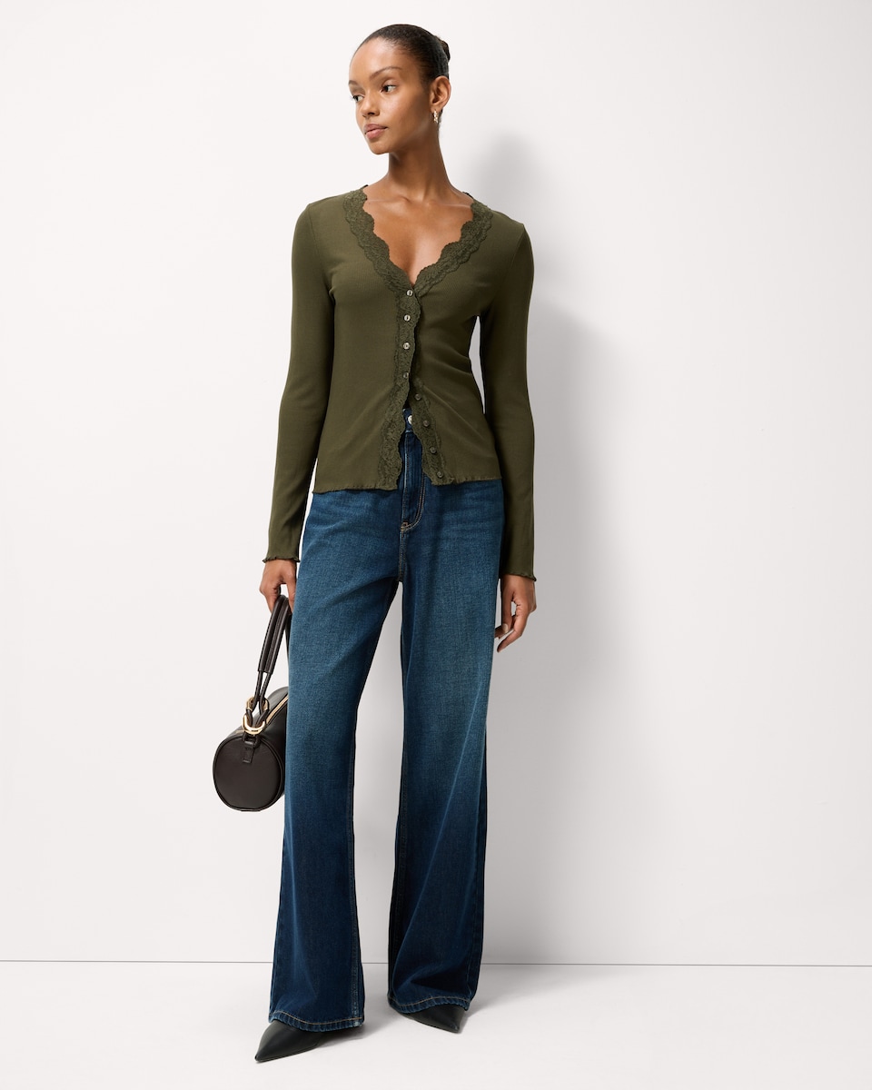 image 1 of F&F Lace Trim Button Up Top in Olive