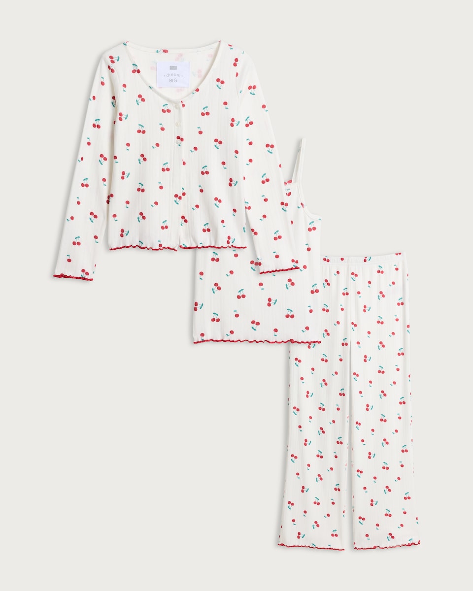 F&F Girls 3-Piece Pointelle Cherry Print Pyjama Set in Multi