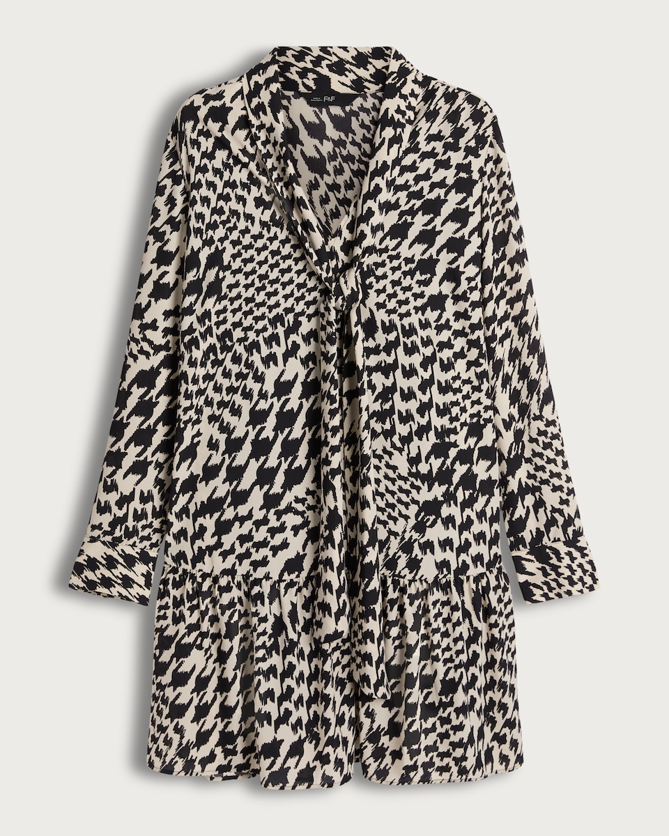 F&F Satin Houndstooth Print Tie Neck Dress in Multi Black White
