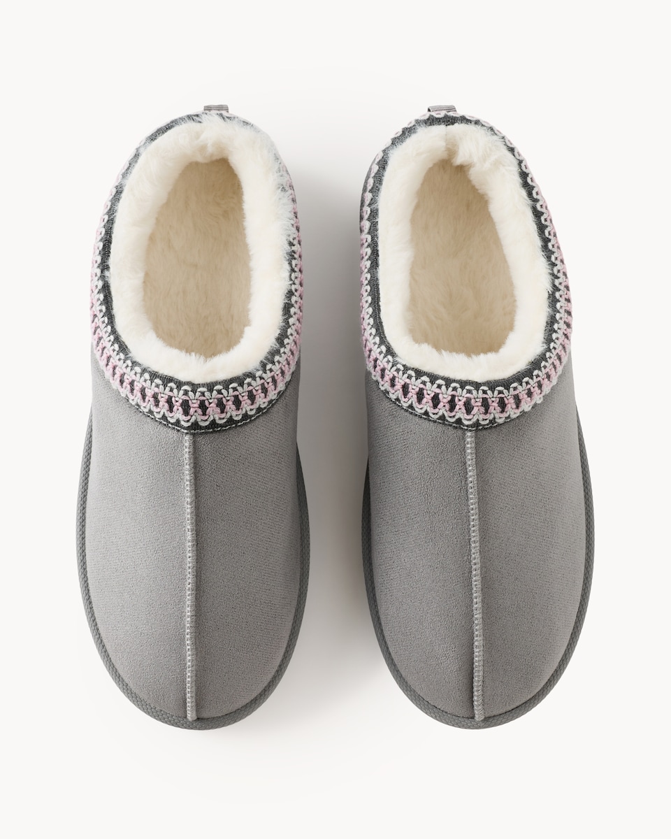 image 1 of F&F Faux Fur Lined Embroidered Mule Slippers in Grey