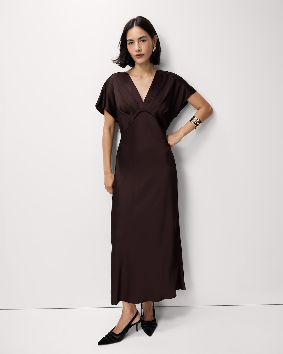 image 1 of F&F Satin V Neck Midi Dress in Brown