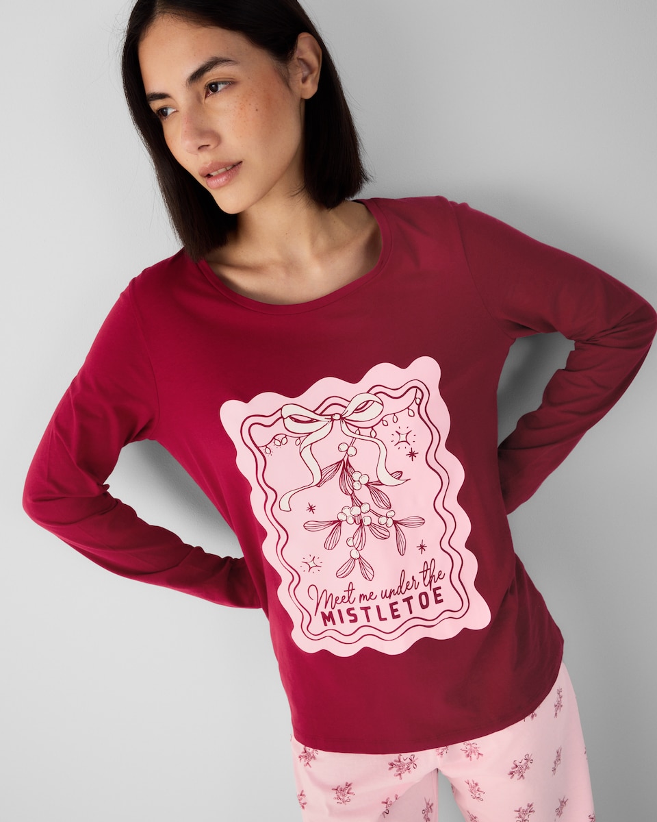 image 1 of Christmas Pure Cotton Mistletoe Top and Bottoms Pyjama Set in Multi Pink
