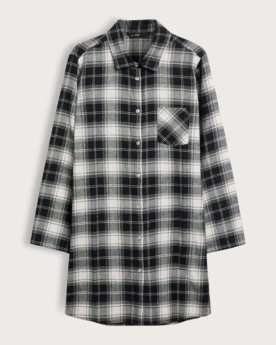 image 1 of F&F Pure Cotton Check Print Longline Pyjama Shirt in Multi Black