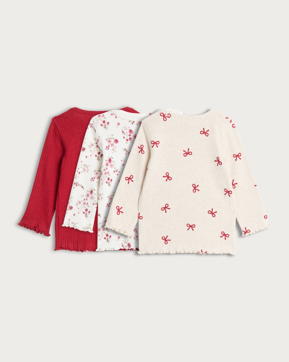 image 1 of F&F Baby 3-Pack Cotton Rich Floral and Bow Long Sleeved Tops in Red