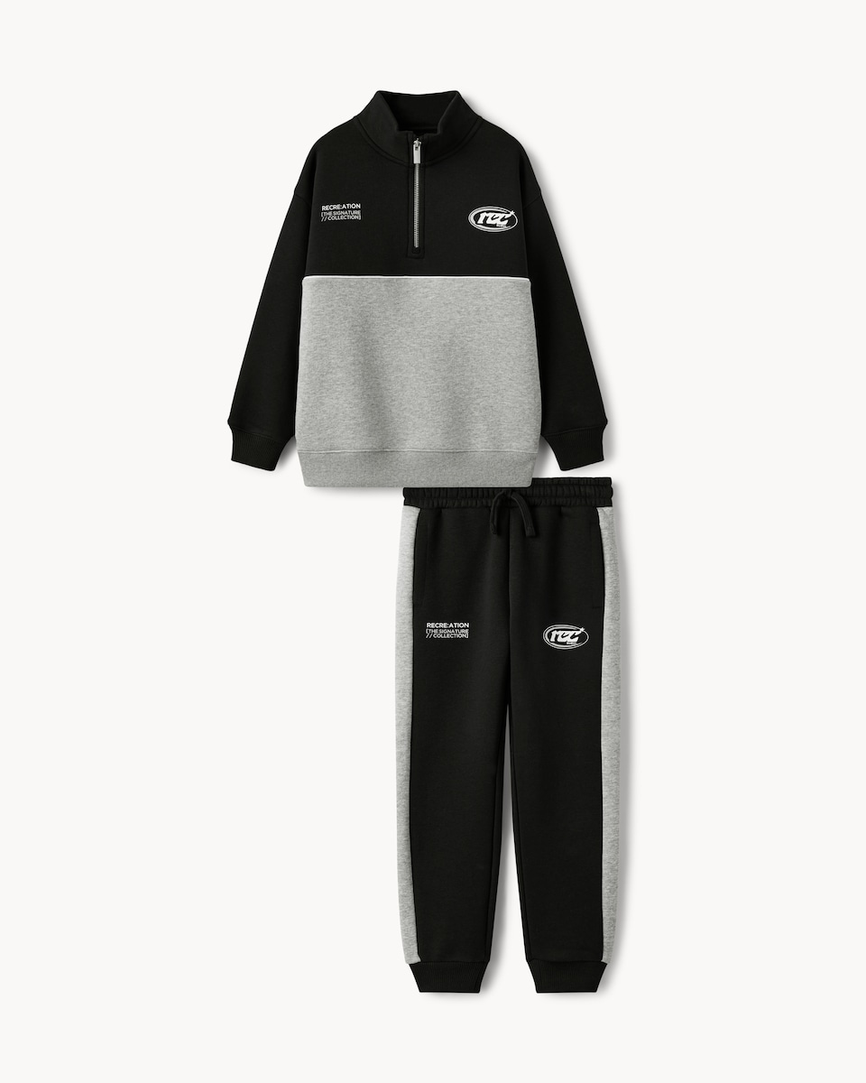 image 1 of F&F Boys Cotton Rich Colour Block Half Zip Sweatshirt and Joggers Set in Black