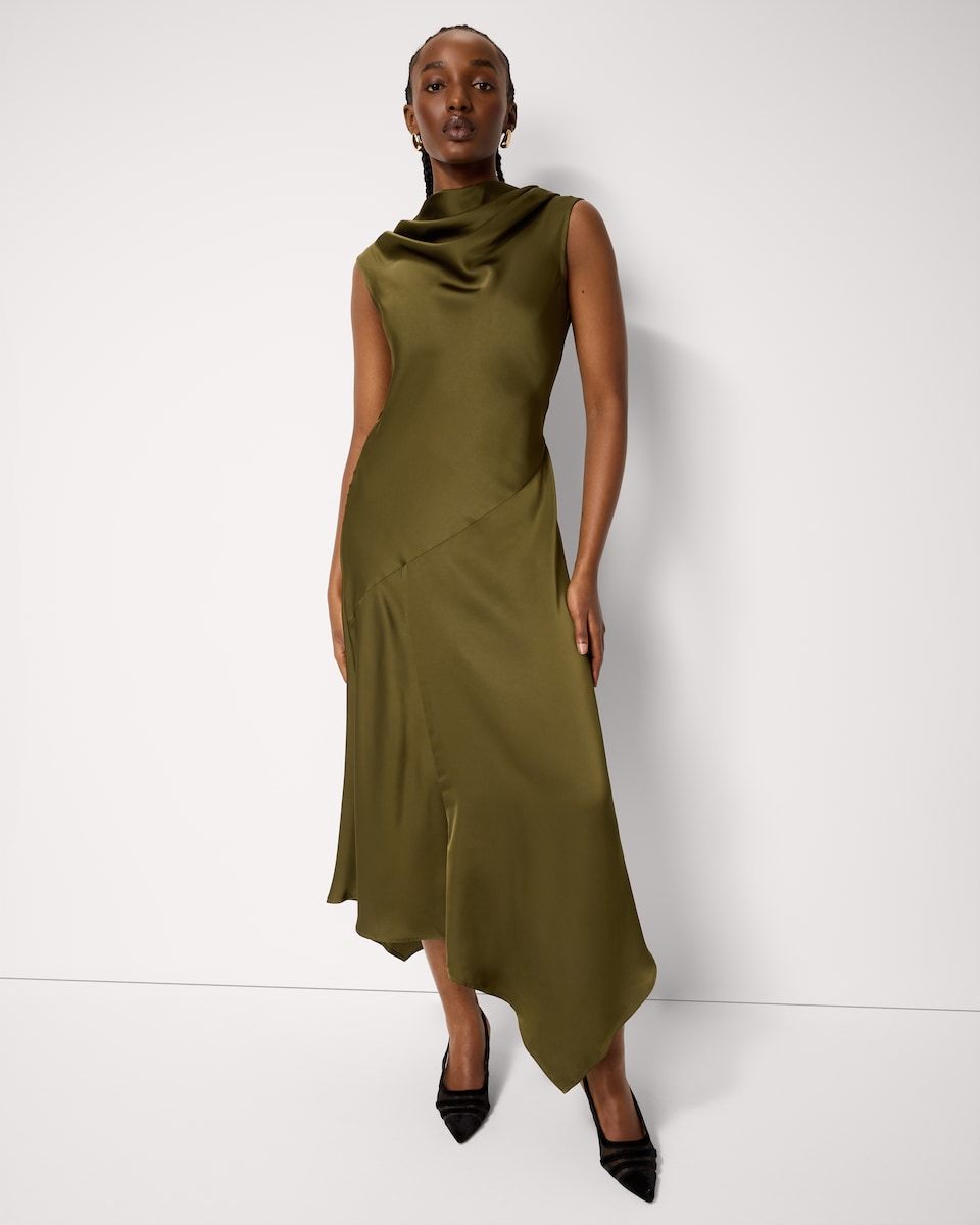 image 1 of F&F Satin Cowl Neck Midi Dress in Olive