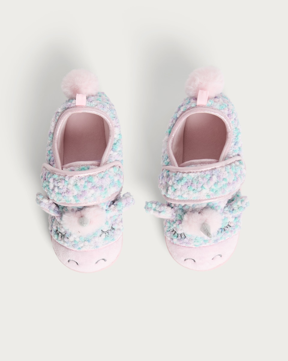 image 1 of F&F Girls Borg Unicorn Slippers in Multi Pink
