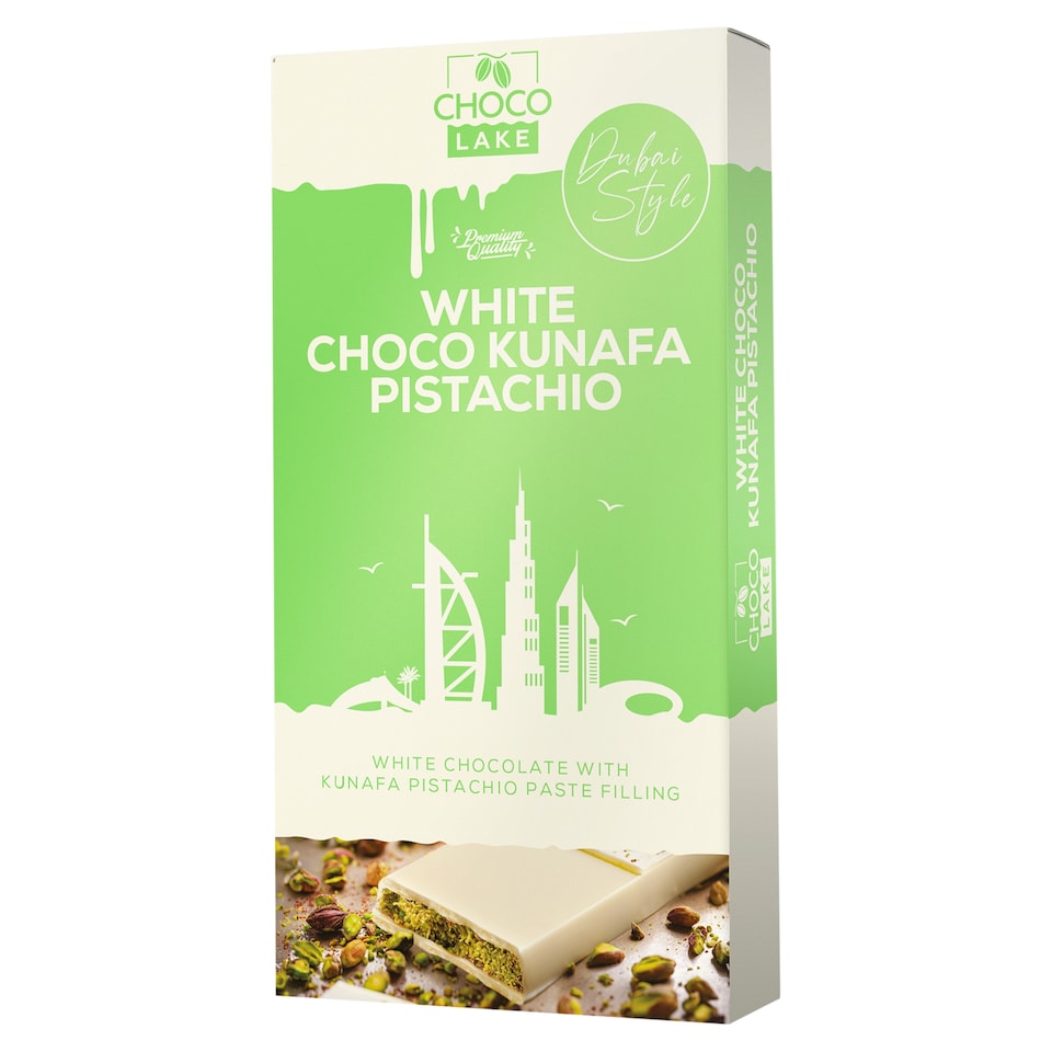 ChocoLake Tyčinka z bílé čokolády plněna pistáciovým krémem a praženými nitkami těsta kataifi 190g