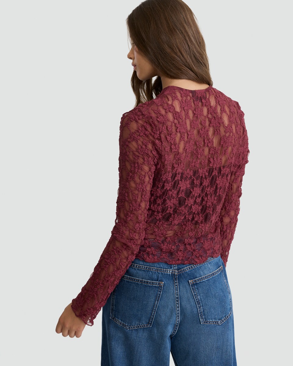 image 1 of OH ME OH MY Cotton Blend Lace Tie Front Top in Burgundy