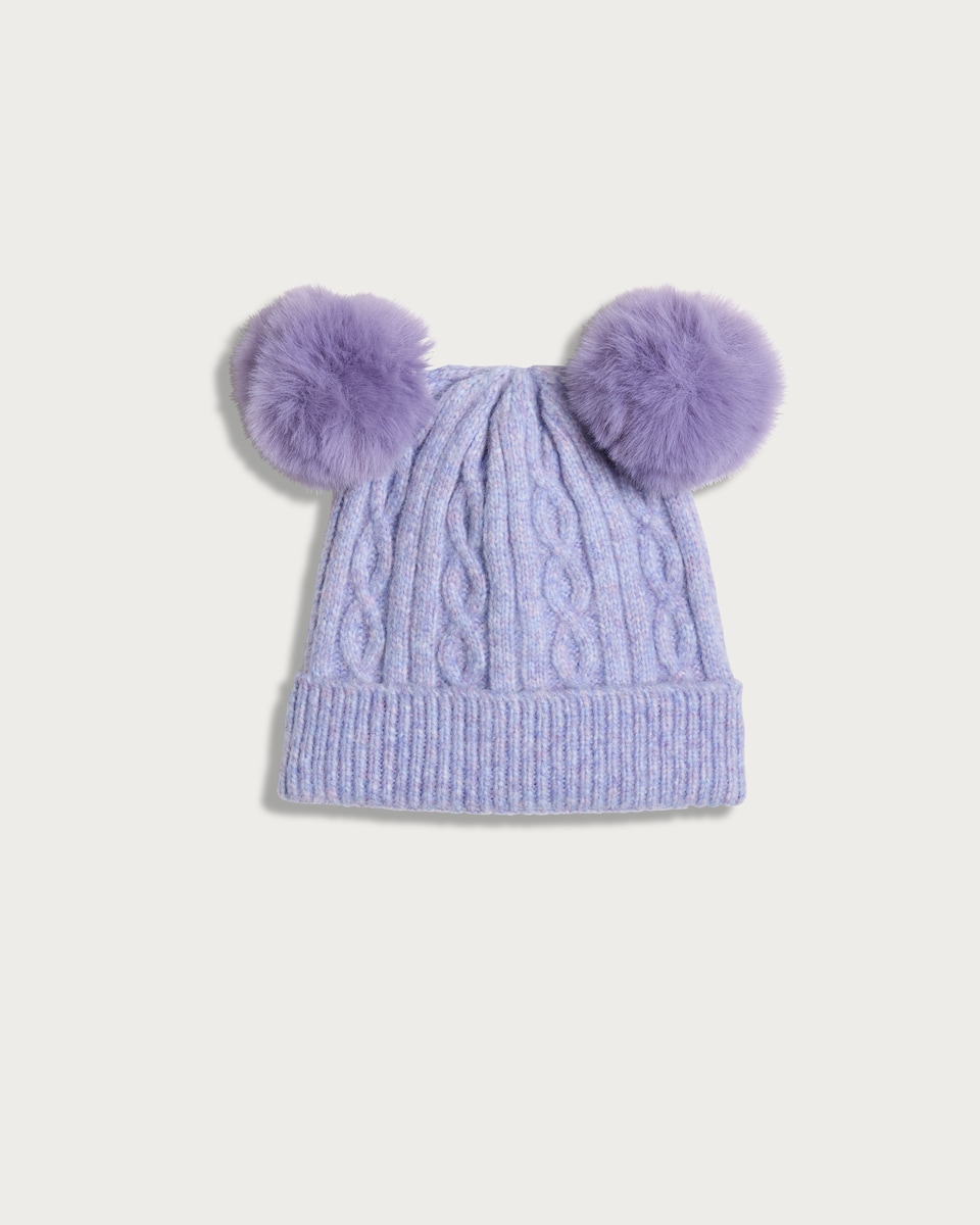 image 1 of F&F Girls Cable Knit Pom Pom Hat in Lilac