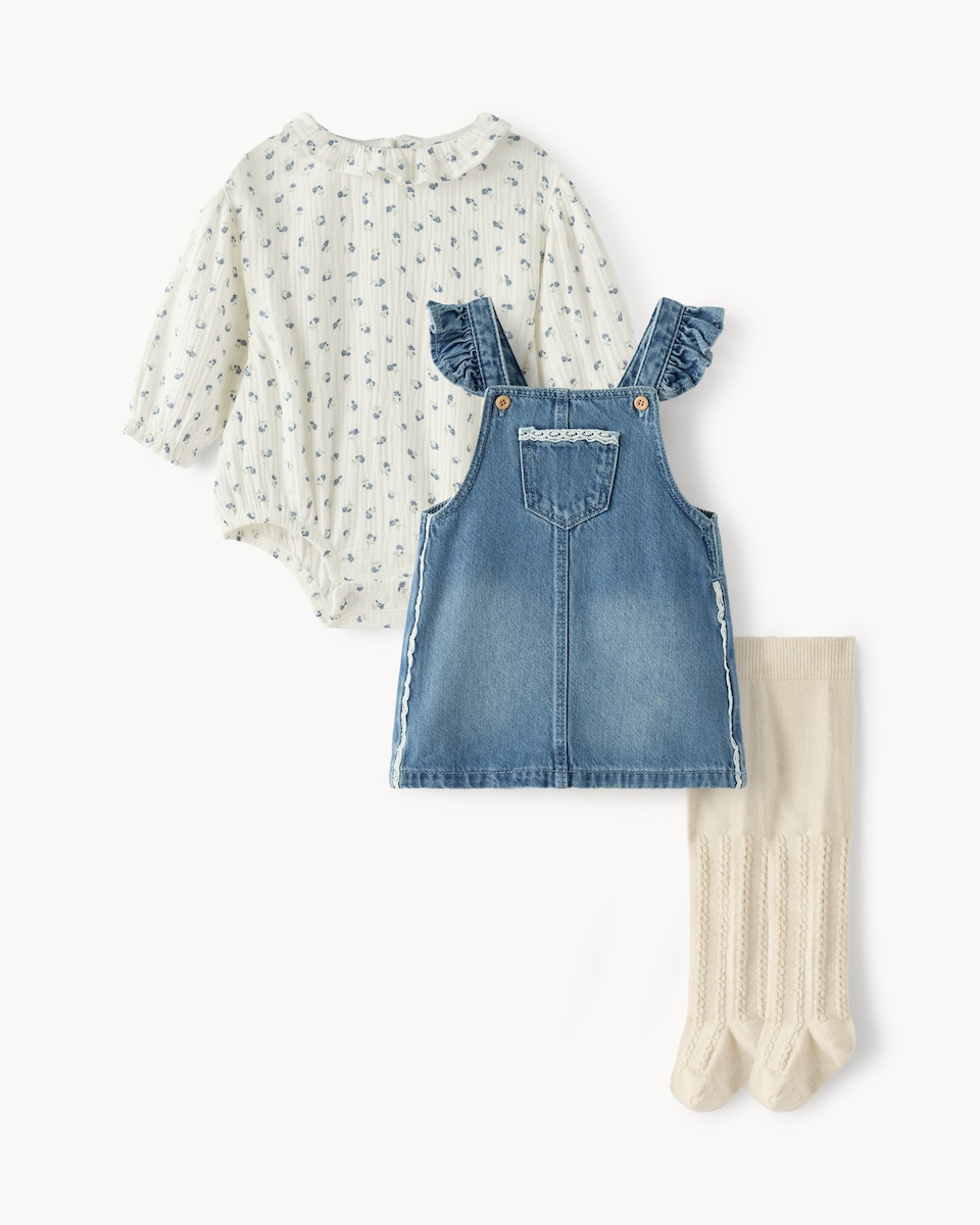 image 1 of F&F Baby Denim Pinny, Bodysuit and Tights Set in Blue