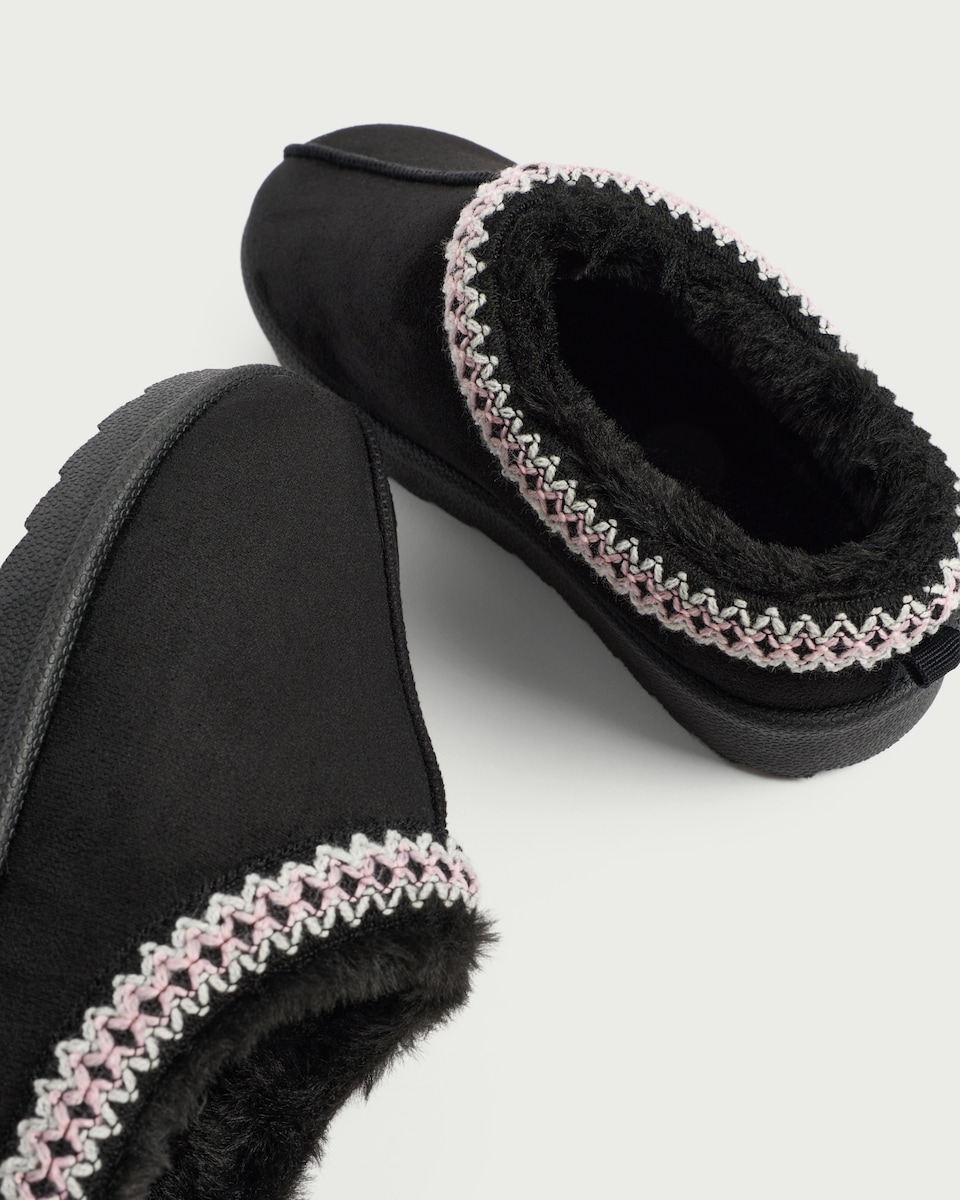 image 1 of F&F Girls Faux Fur Lined Embroidered Mule Slippers in Black
