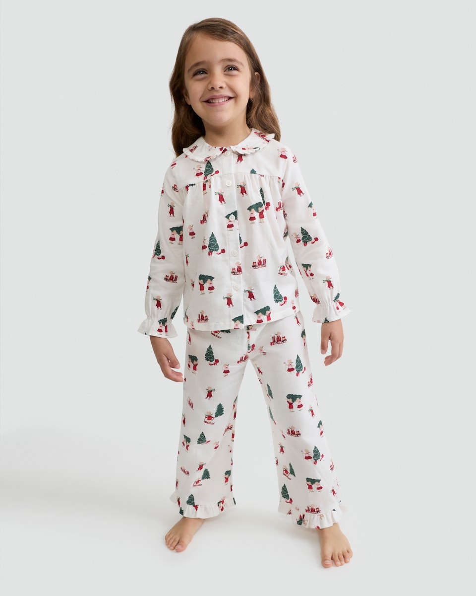 image 1 of F&F Girls Pure Cotton Christmas Print Shirt and Trousers Pyjamas in Multi