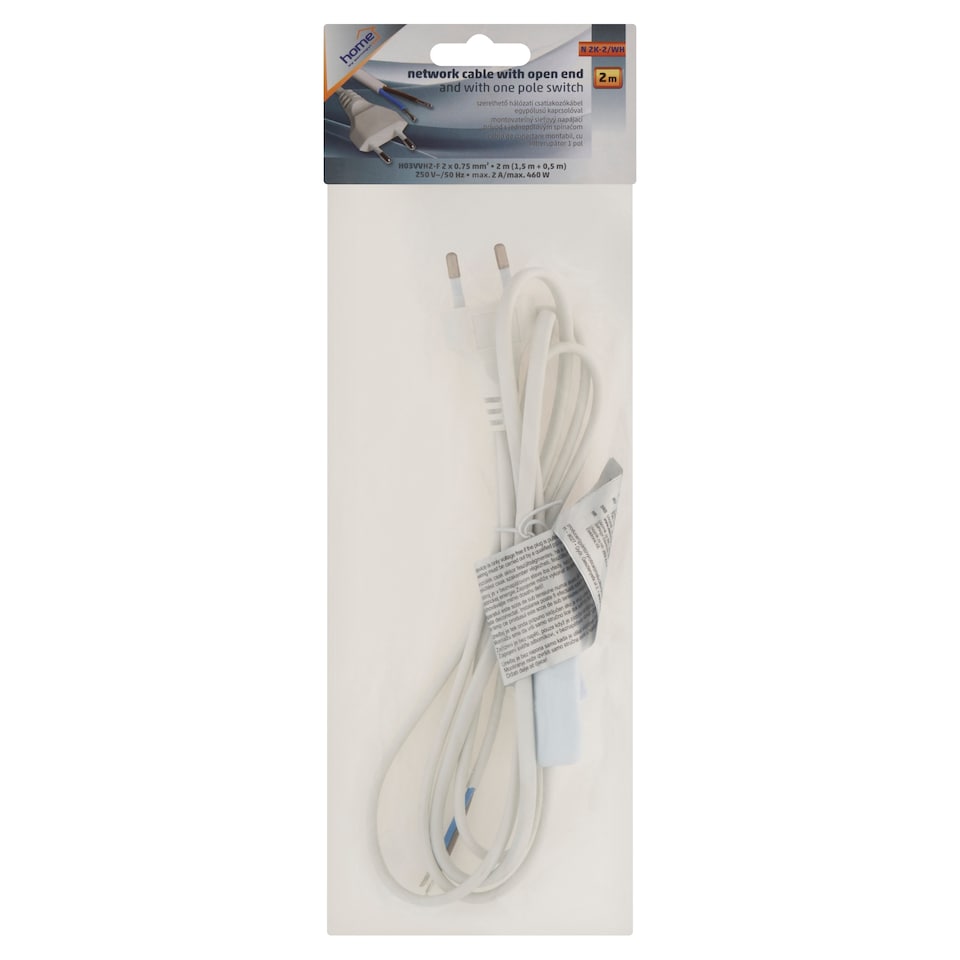 Somogyi Home N 2K-2/WH szerelhető hálózati csatlakozókábel egypólusú kapcsolóval 2 m