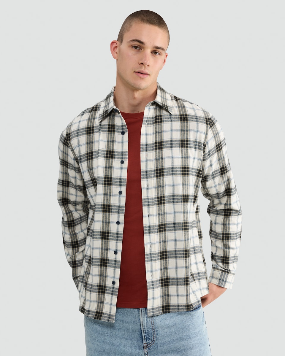 image 1 of F&F Pure Cotton Check Print Long Sleeved Shirt in Cream