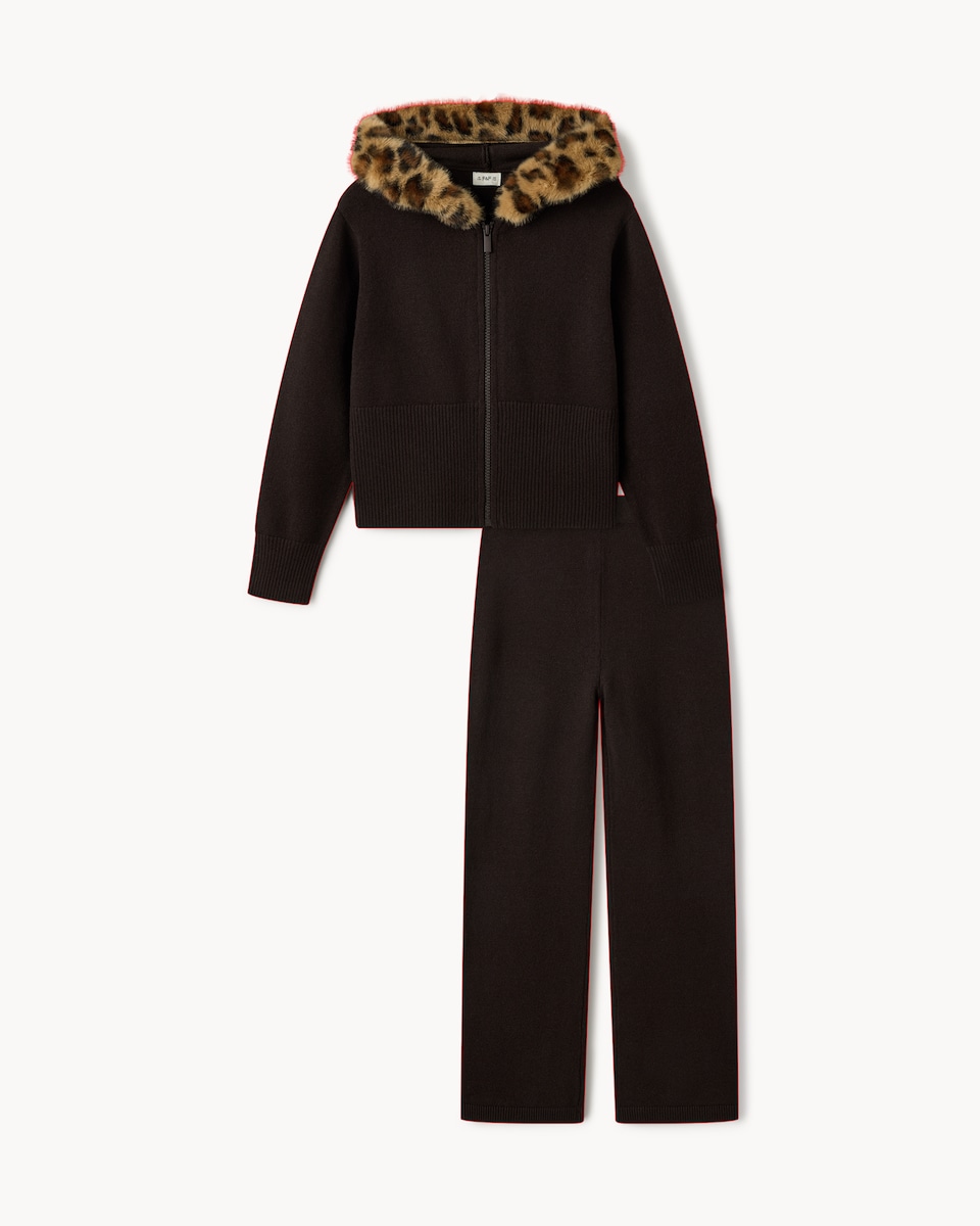 image 1 of F&F Girls Leopard Print Cardigan and Trousers Set in Brown