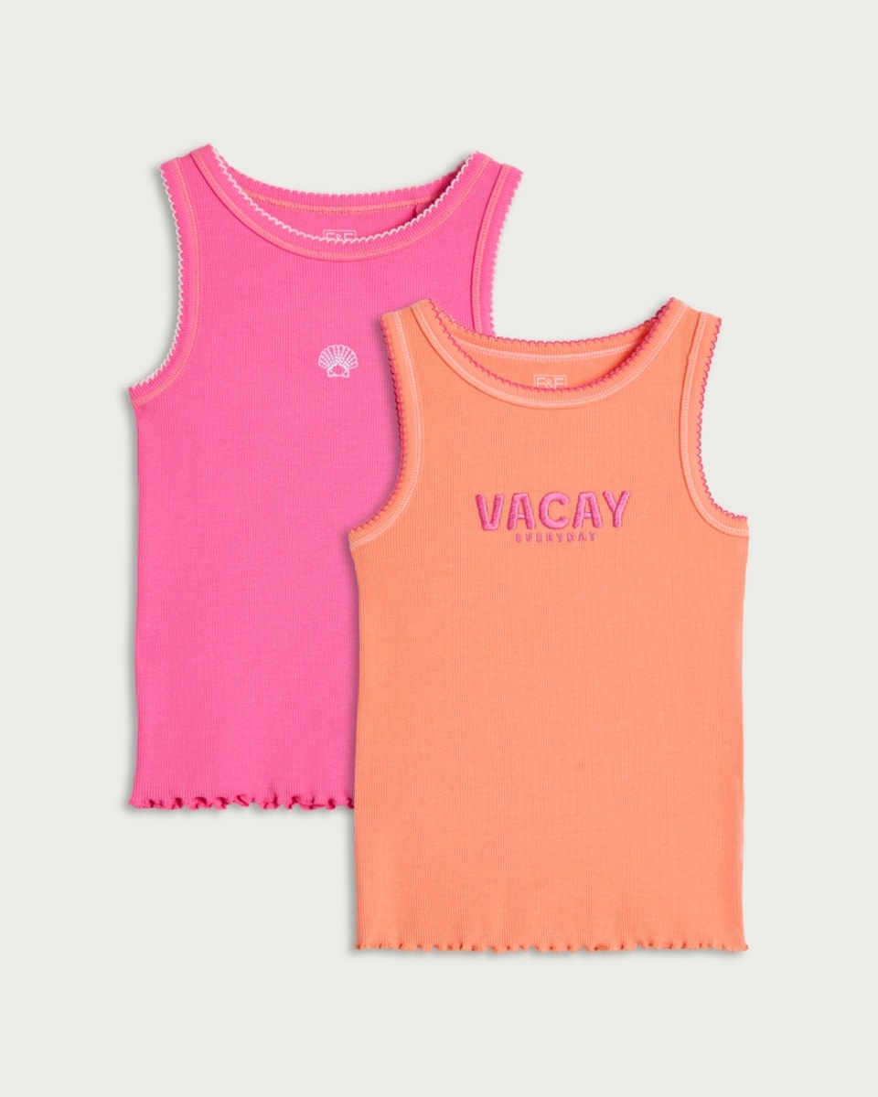 image 1 of F&F Girls 2-Pack Cotton Rich Ribbed Vest Tops in Multi Pink
