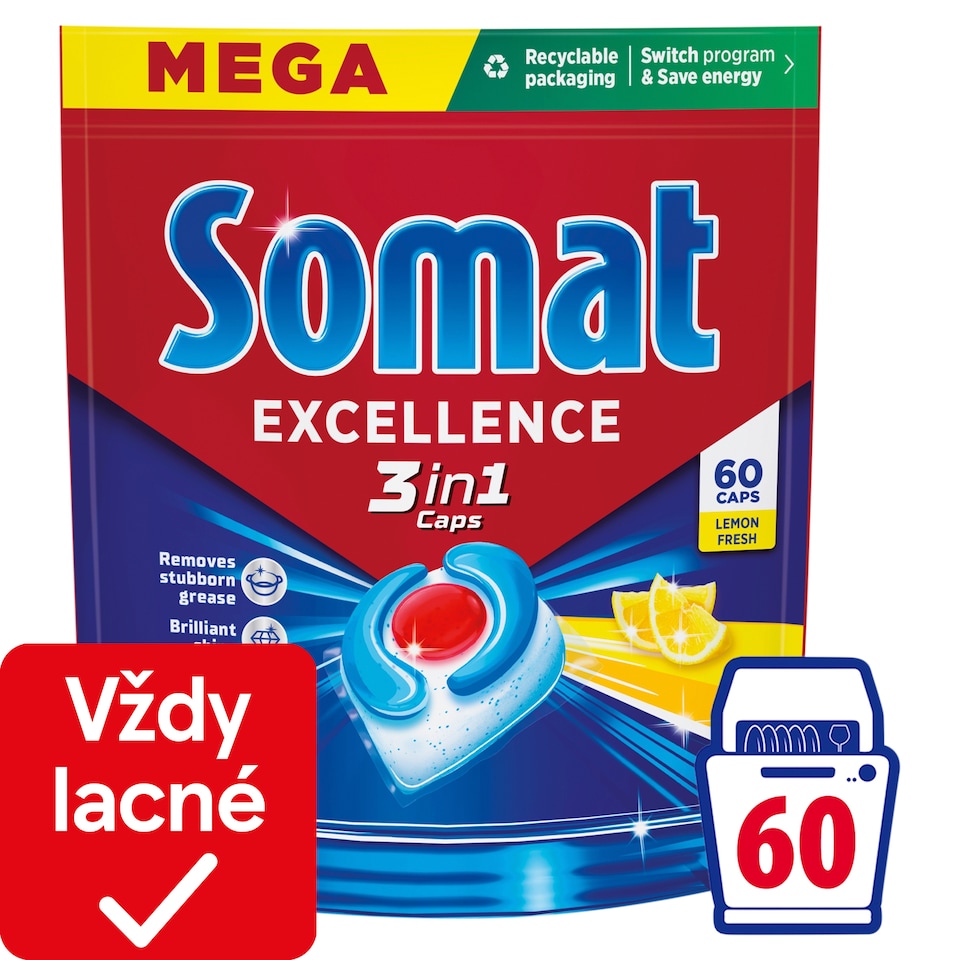 Somat Excellence 3in1 Lemon Fresh kapsuly do umývačky riadu 60 ks 1086 g