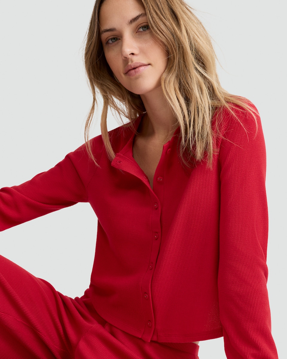 image 1 of F&F Waffle Textured Button Up Cardigan and Trousers Pyjamas in Red