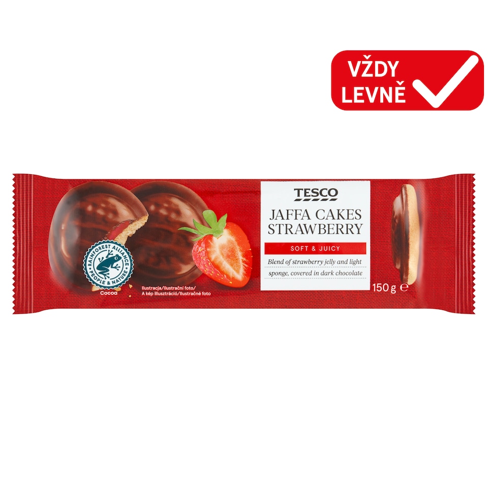 Tesco Jemné pečivo s jahodovým želé polomáčené v hořké čokoládě 150g