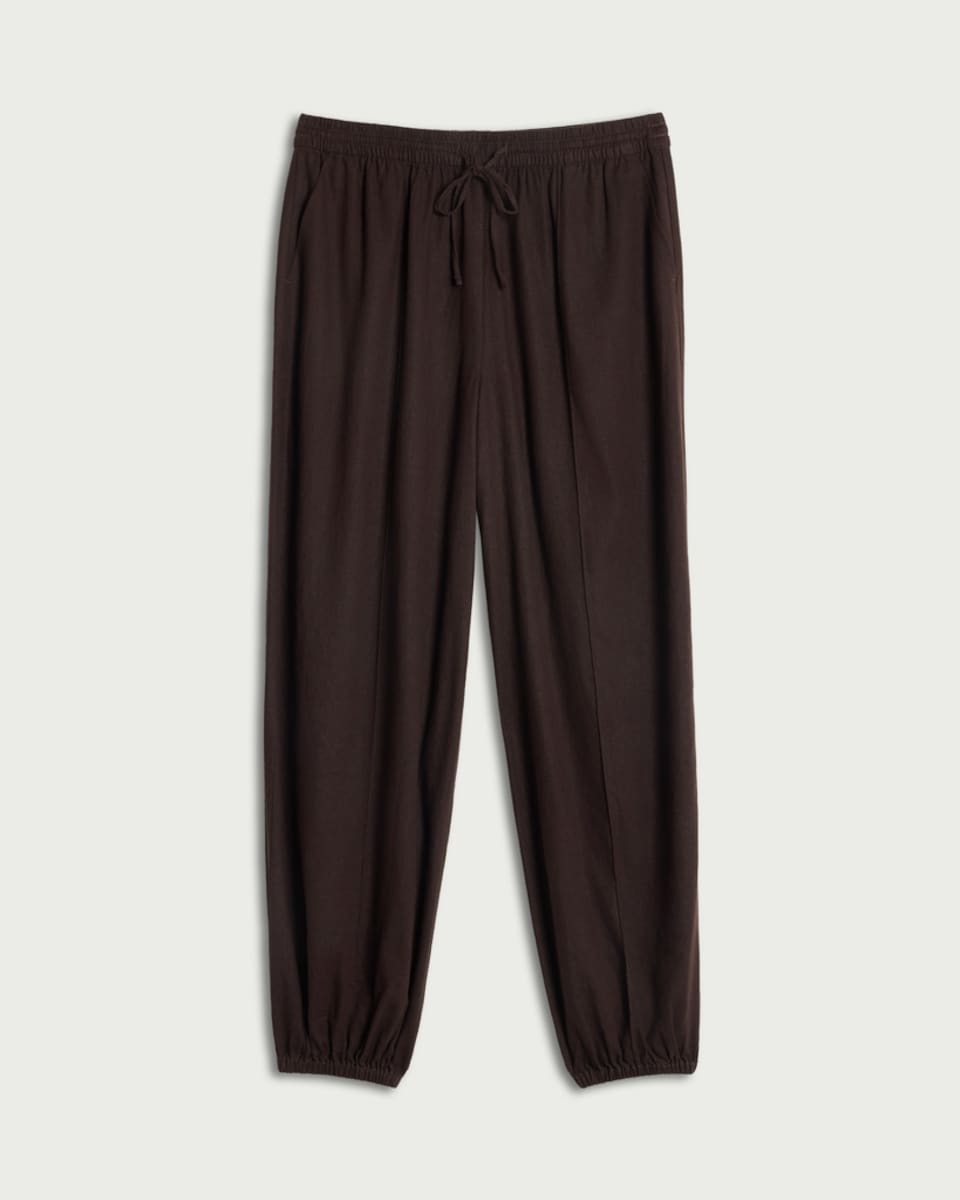 image 1 of F&F Linen Rich Balloon Leg Drawstring Trousers in Chocolate