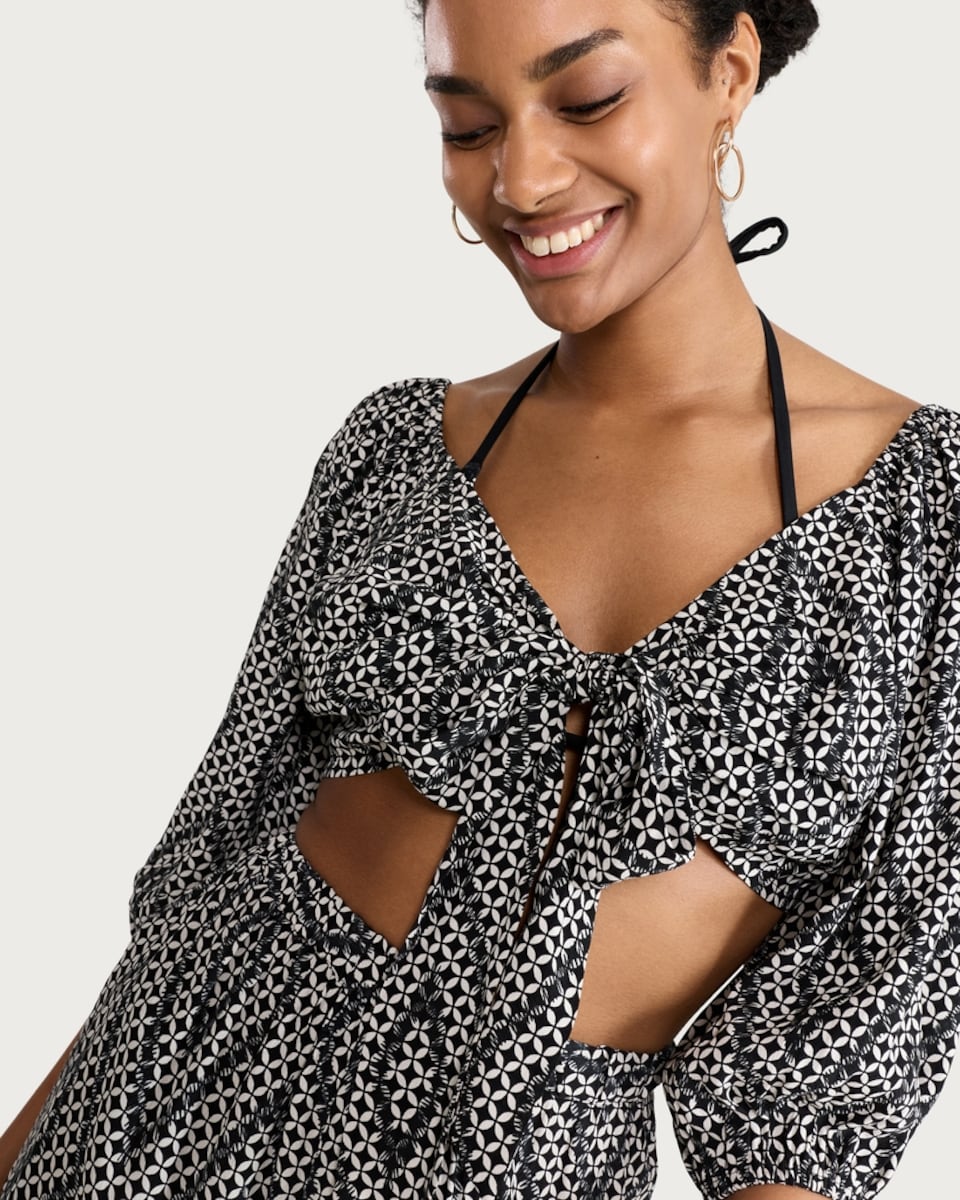 image 1 of F&F Mono Print Tie Front Co-ord Beach Blouse in Multi Black White