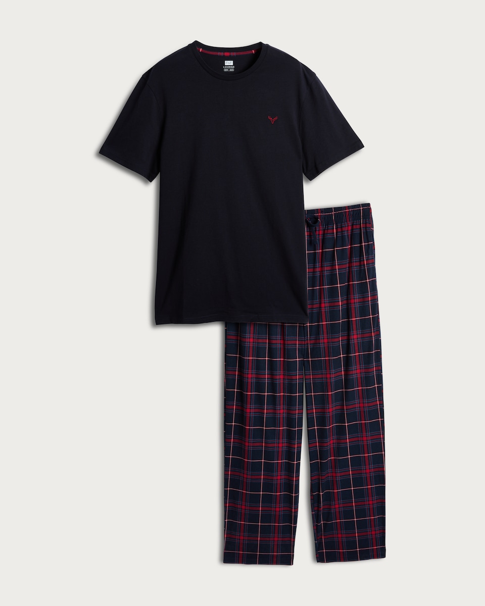 image 1 of F&F Stag Embroidered T-Shirt and Check Long Pants Pyjamas in Multi