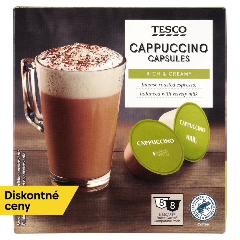 Tesco Cappuccino zmes praženej mletej kávy Arabica a Robusta 8 x 7 g + 8 x 17 g (192 g)