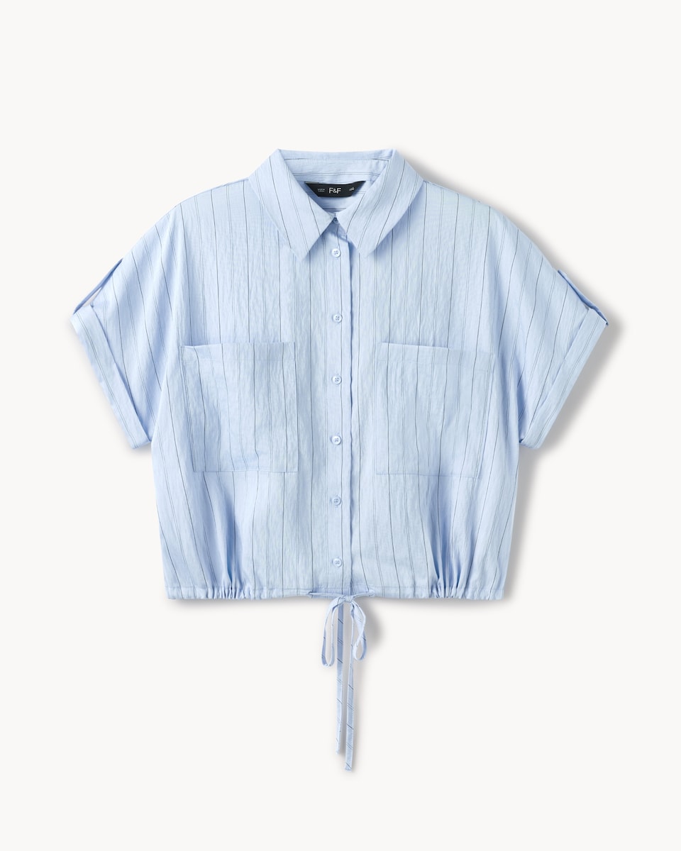 image 1 of F&F Modal Rich Pinstripe Short Sleeved Shirt in Blue