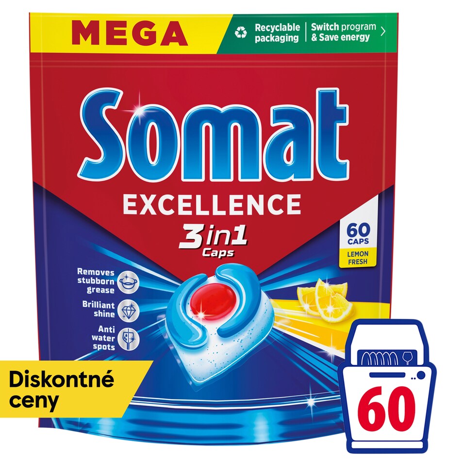 Somat Excellence 3in1 Lemon Fresh kapsuly do umývačky riadu 60 ks 1086 g