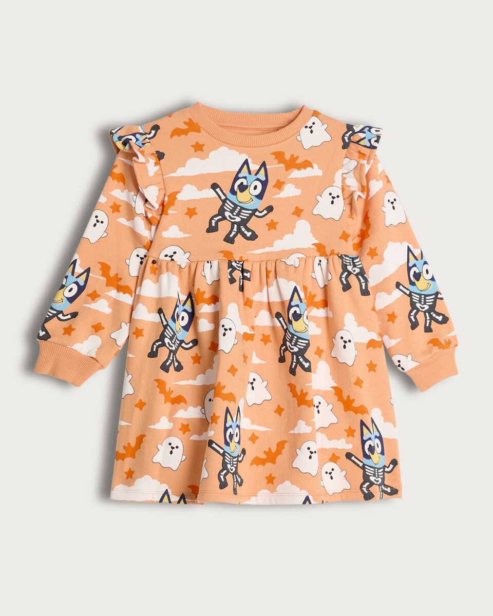 Bluey Skeleton Print Cotton Rich Sweater Dress in Orange