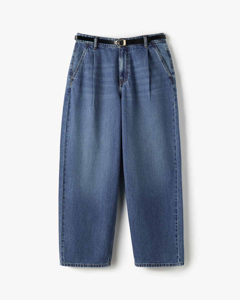 image 1 of F&F High Rise Relaxed Fit Belted Jeans in Navy