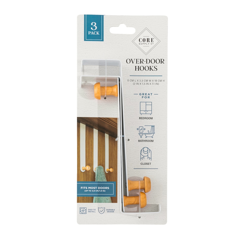 image 1 of Core Supply White Over Door Hooks 3 Pack
