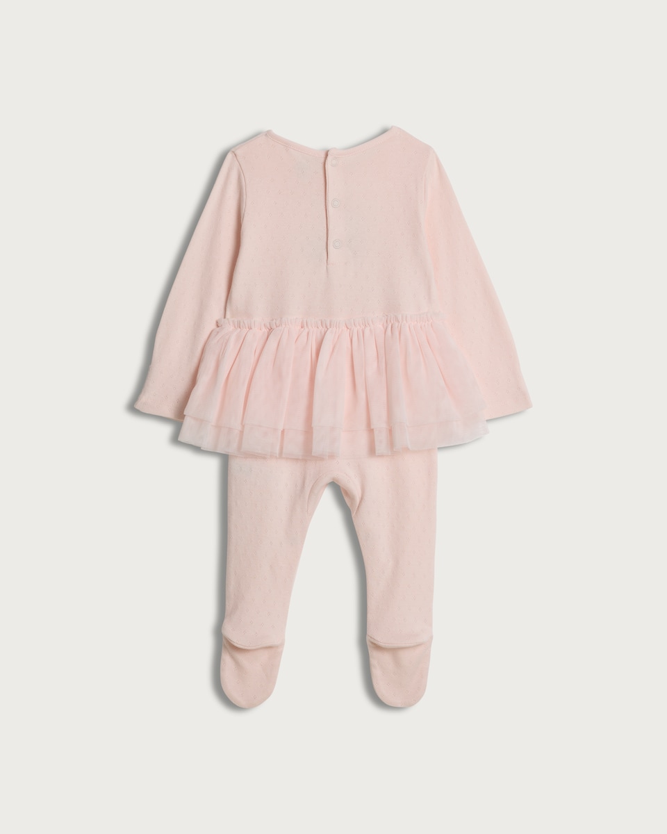 image 1 of F&F Baby Bunny Embroidered Tulle Sleepsuit in Pink