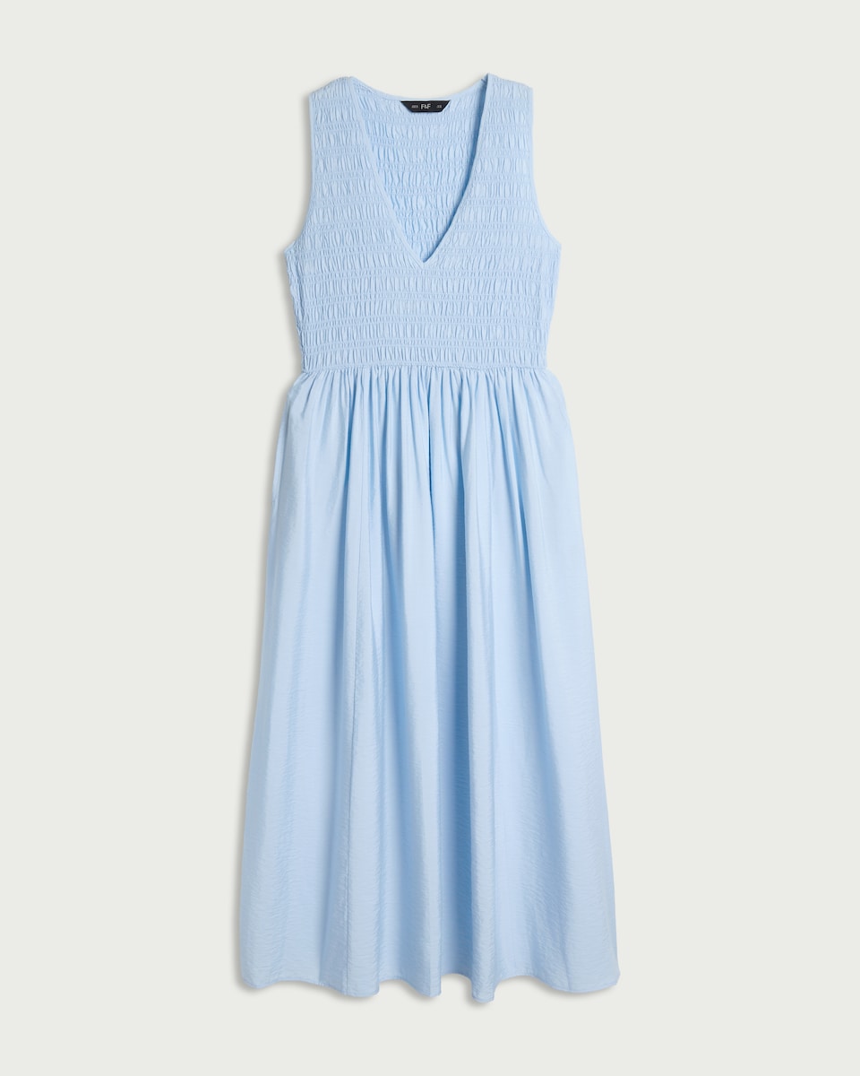 image 1 of F&F Shirred V Neck Midi Dress in Blue
