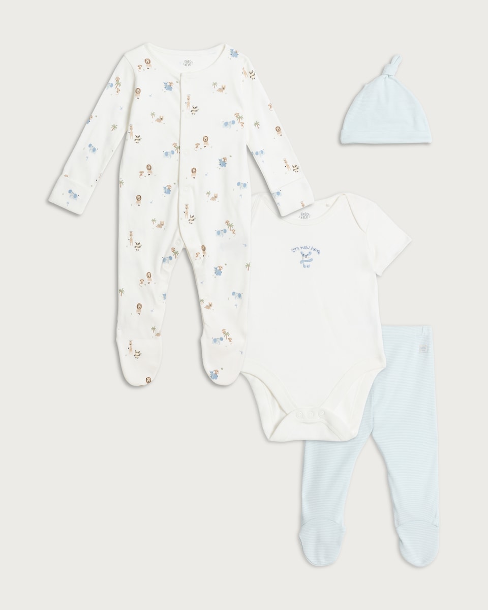 image 1 of F&F Baby 4-Piece Pure Cotton Sleepsuit, Bodysuit, Leggings and Hat Set in Blue
