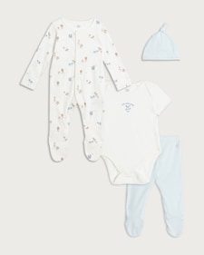 F&F Baby 4-Piece Pure Cotton Sleepsuit, Bodysuit, Leggings and Hat Set in Blue