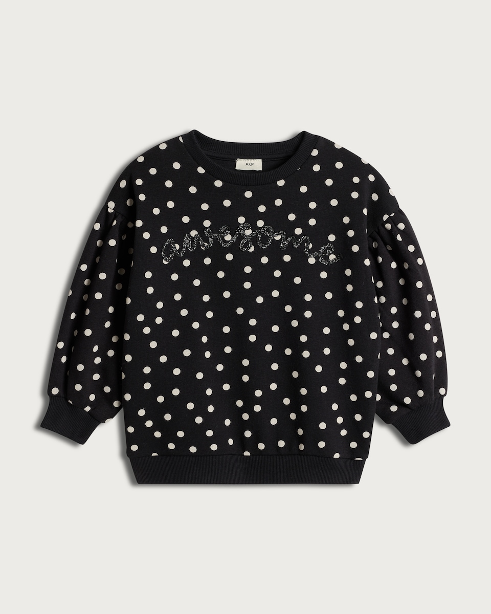 image 1 of F&F Girls Cotton Rich Polka Dot Awesome Slogan Sweatshirt in Multi Black White
