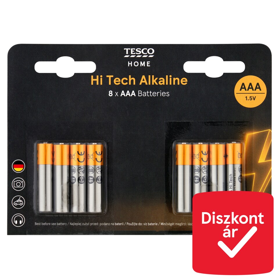 Tesco Home Hi Tech AAA LR03 1,5 V nagy teljesítményű alkáli elem 8 db