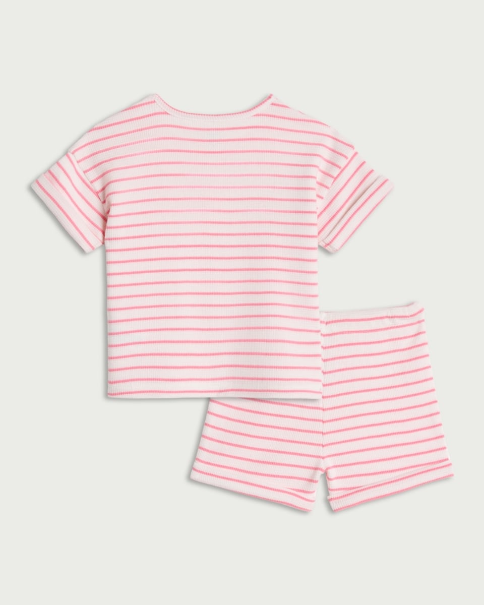 image 1 of F&F Baby 2-Piece Pure Cotton Towelled Striped Top and Shorts Set in Pink