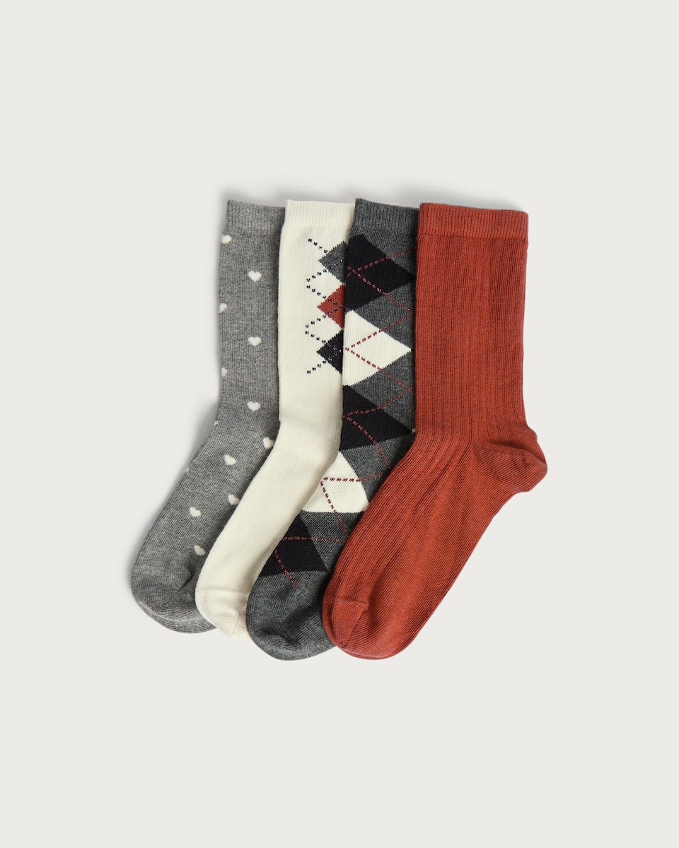 F&F 4-Pack Cotton Rich Argyle and Heart Print Ankle Socks in Multi