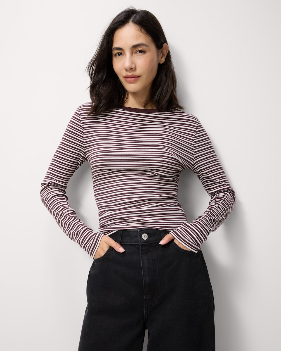 image 1 of F&F Cotton Rich Ribbed Long Sleeved Top in Multi Brown