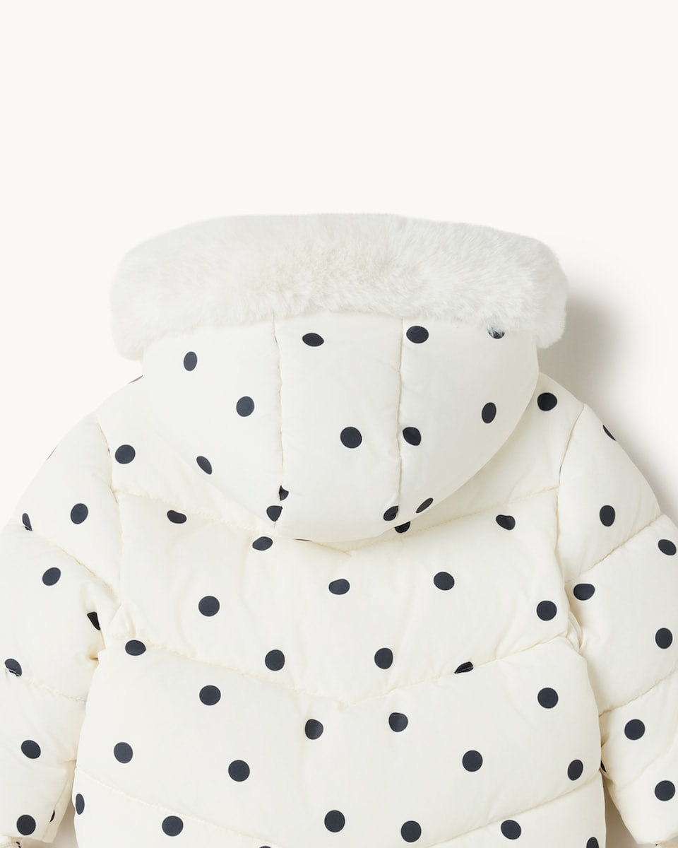 image 1 of F&F Baby Polka Dot Puffer Jacket with Mittens in Cream