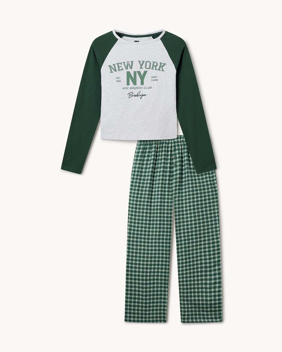 image 1 of F&F Cotton Rich Raglan Checked Pyjama Set in Multi Green