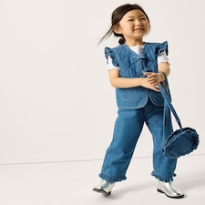 F&F Girls 3-Piece Pure Cotton Denim Waistcoat, Trousers and Bag Set in Blue