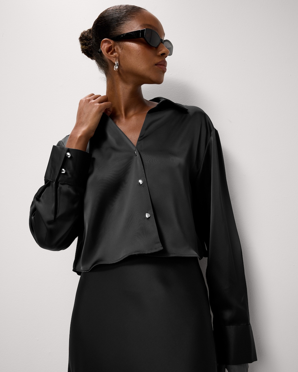 image 1 of F&F Satin Cropped Shirt in Grey