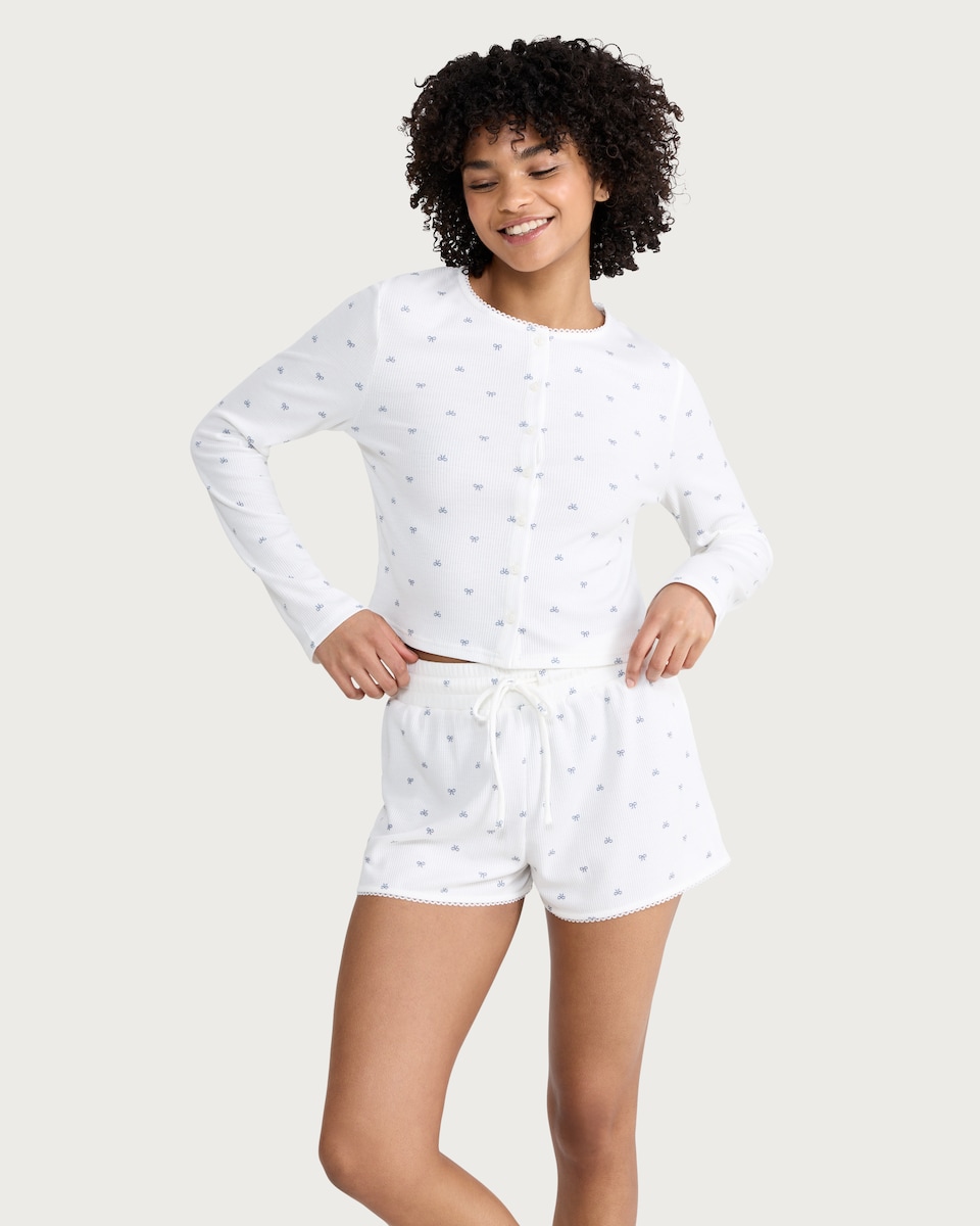 image 1 of OH ME OH MY Ribbed Bow Print Pyjama Shorts in White