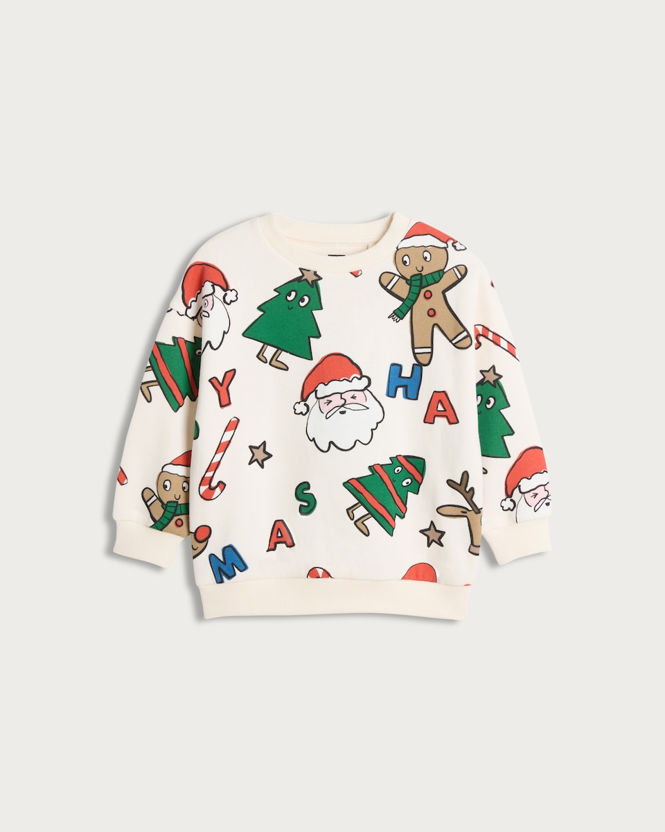 image 1 of F&F Boys Cotton Rich Christmas Motif Jumper in Cream