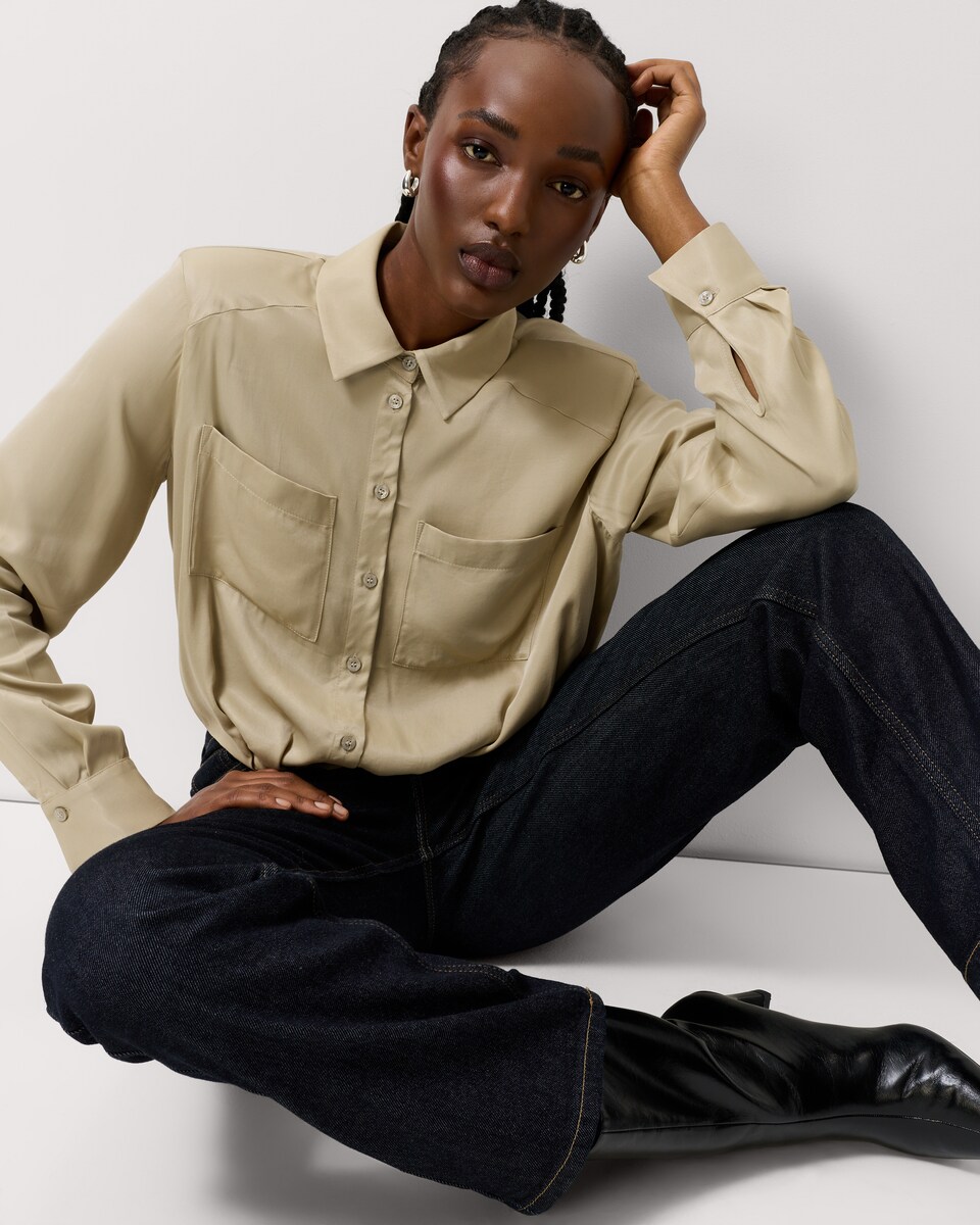image 1 of F&F Striped Shoulder Pad Shirt in Stone